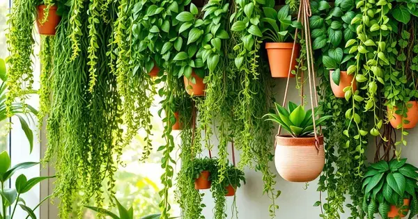 Decoração de Jardins Verticais com Plantas Pendentes e Vasos Artesanais